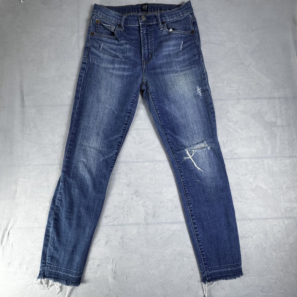 Gap Denim Womens True Skinny Jeans Blue‎ Daek Wash Comfort Distressed Raw Hem 28